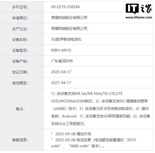 荣耀新机获工信部认证，搭载北斗三号短报文功能荣耀神秘新机获得工信部认证，支持北斗三号短报文功能
